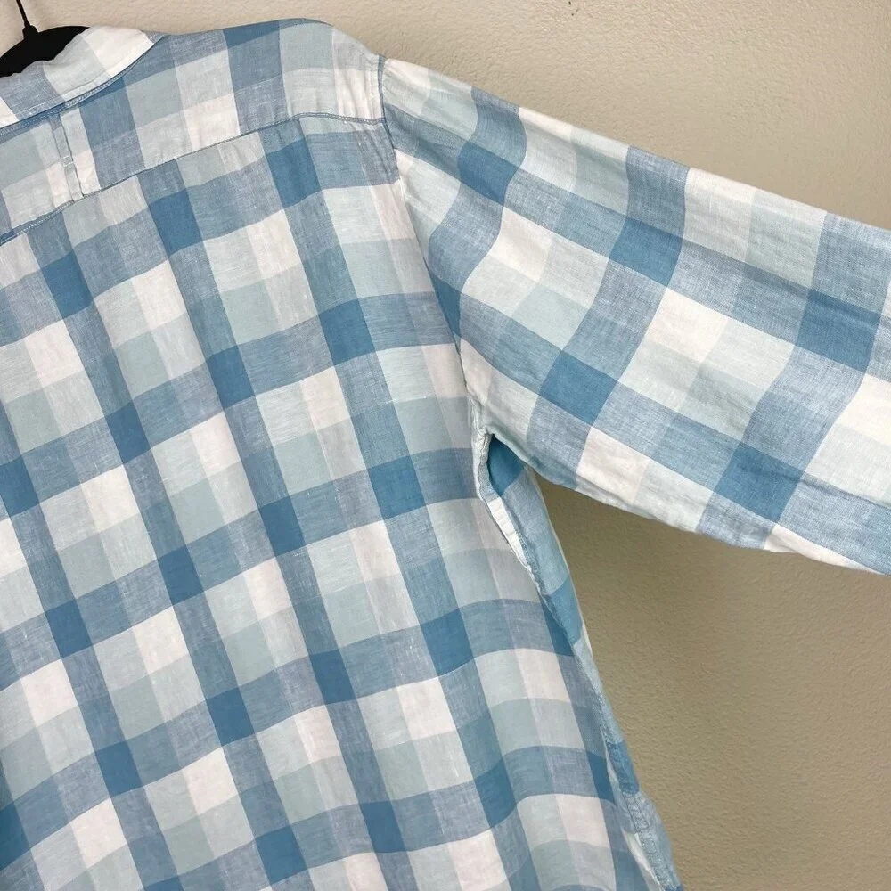 Banana Republic Men's Large Camden Fit 100% Linen Plaid Shirt Collare Button Blu
